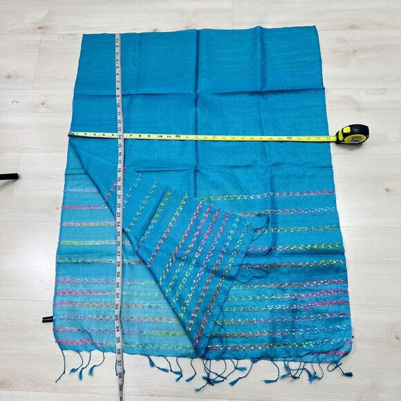 100% Silk Shawl Wrap Scarf Fringe Lightweight Blue Embroidered 28 in x 72 in - Picture 2 of 8